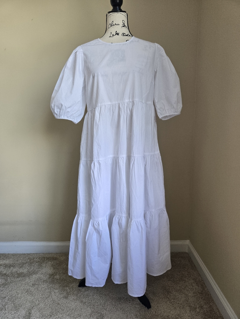Aqua Tiered Poplin Dress Womens L White Cotton